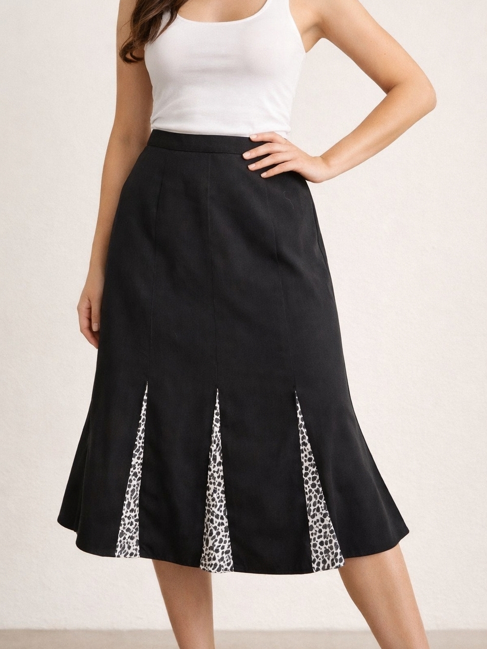 Terramina Black Midi Skirt with Leopard-Print Insets